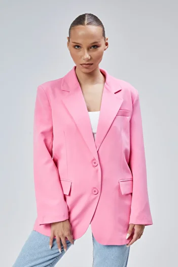 Bolivente Pink Women's Buttoned Oversize Blazer Jacket