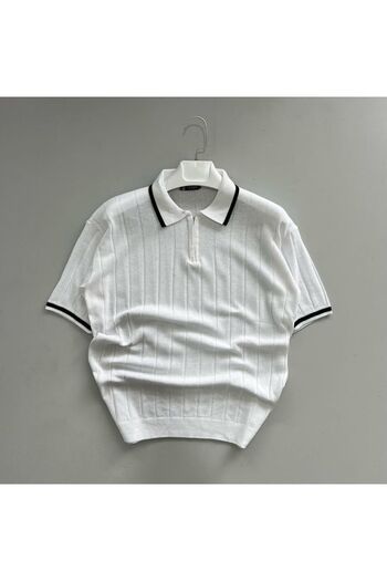pepule White Lapel Detailed Knitted Knitwear Tshirt