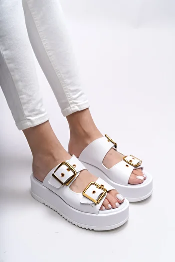 Riccon Winledha 001278   Papuci de damă model piele albă - cataramă dublă