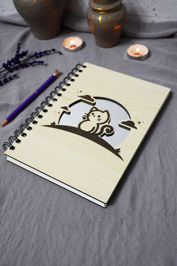 markcat Cat Patterned Wooden Cover Notebook - Unlined Notebook - Diary - Agenda-Gift-A5 Memory Book