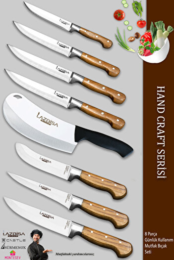 LAZBİSA Hand Craft Pro Serisi Mutfak Bıçak Seti 8 Parça Et Ekmek Sebze Salata Börek Bıçağı (MFP-001)