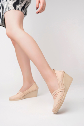 Deripabuc Genuine Leather New Beige Women's Wedge Heeled Leather Shoes Ars-0135