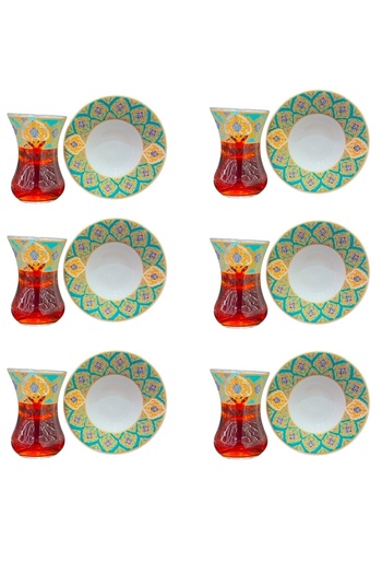 DUKKANI ISTANBUL Tea Cup Set for 6 People Topkapı Turquoise Patterned Porcelain Plate Tea Set