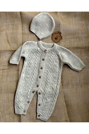 Bursa Trikomer Button Detailed Knitwear Baby Romper with Hat