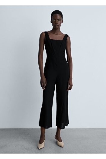 MANGO Woman Straight Cut Linen Blend Jumpsuit
