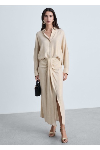 MANGO Woman Linen Blend Draped Midi Skirt
