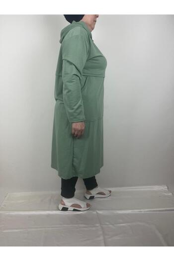 YAŞAR TRİKO Women's Mint Green Robe Side Two Pockets Hooded Long Sleeve Two Yarn Tunic