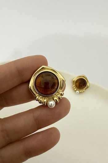 DELEIZA ACCESSORY Steel Vintage Vip Brown Stone Gold Earrings with Pearls