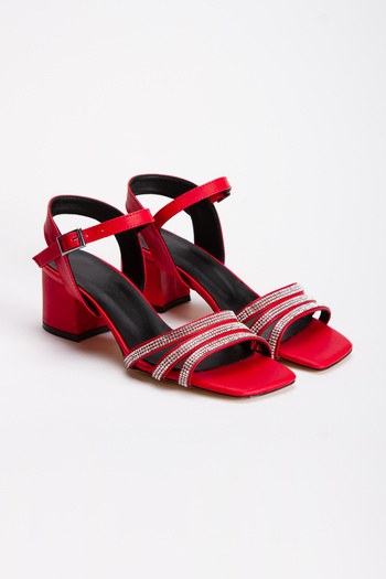 Kapriss Women's Red Banded Stone Thick Heel Summer Shoes