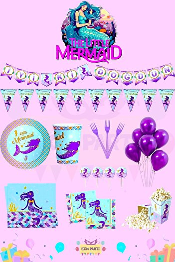 ECM PARTI Mermaid Themed Full Birthday Party Set for 16 People