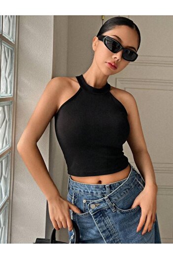 caddekombin Elisa Women's Black Cotton Collar Detailed Stylish Crop