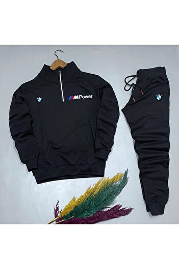 NewCabin Half Zipper Bmw Printed Cotton Black Sweat-cotton Black Sweatpants Set, Top and Bottom, 2-Piece