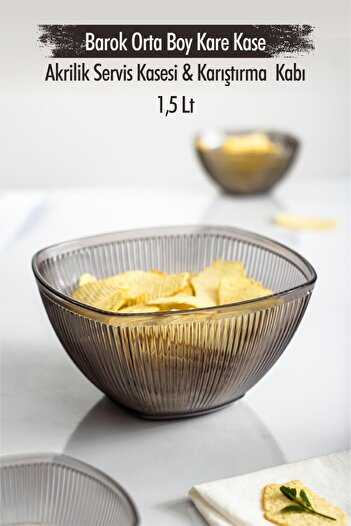 EWs Acrylic Baroque Smoked Medium Size Square Fruit & Salad Bowl & Mixing Bowl / 1.5 Lt (NOT GLASS)