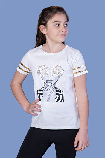 Toontoy Girl - Printed Stone Embroidered and Tulle Detailed T-Shirt