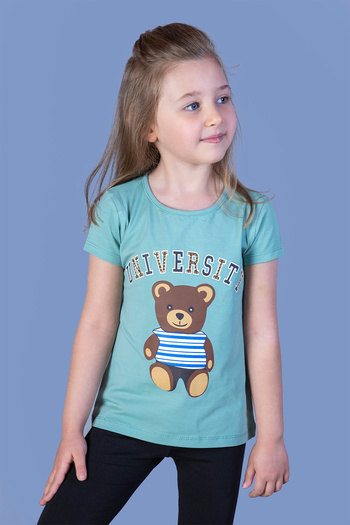 Toontoy Girl's Teddy Bear and Text Printed Stone Embroidered T-Shirt