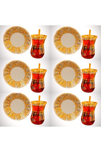DUKKANI ISTANBUL Set of 6 Gold Gilded Tea Cups - with Spoon