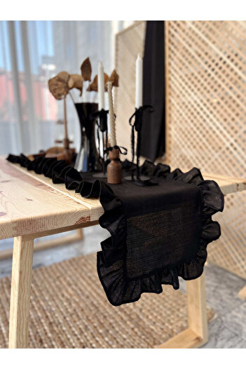 KaiHome Ruffled Black 100% Linen Fabric Runner 50cm X 155cm