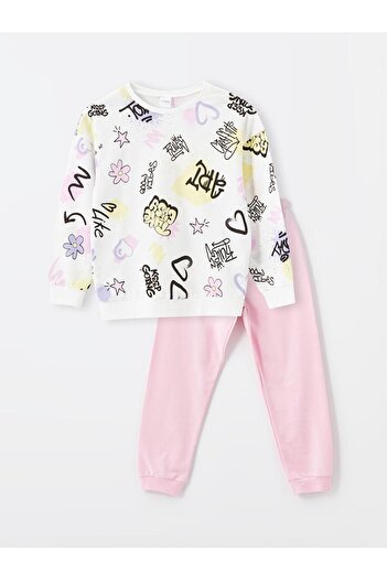 LC Waikiki Crew Neck Printed Long Sleeve Girls Pajama Set (W4)
