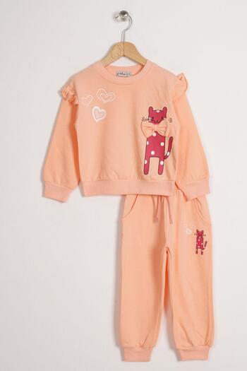 zepkids Crew Neck Long Sleeve Cat Printed Salmon Color Girl's Tracksuit Set