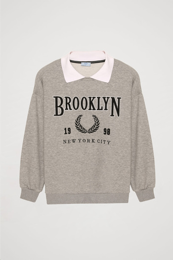 Quzu Gray Baby Collar Embroidered Sweatshirt