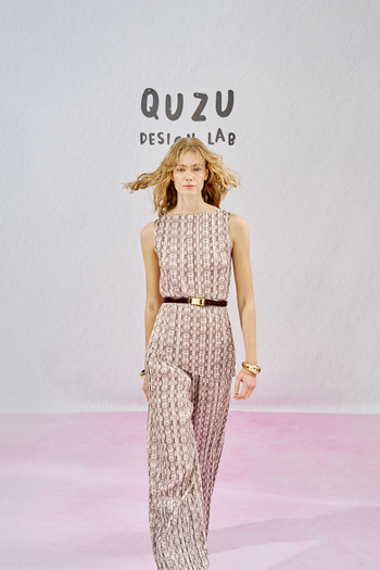 Quzu High Waist Beige Trousers - Pleated and Patterned
