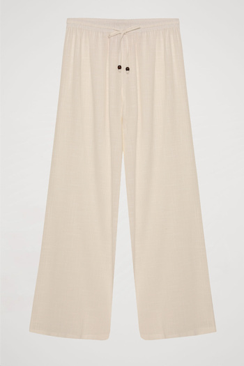 Quzu Ecru Color - Loose Trousers with Lacing Detail and Elastic Waist