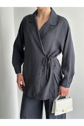 Laluvia Anthracite Collar Detailed Tied Kimono Set - 8459