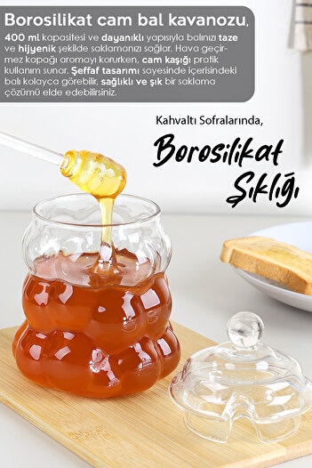 Meleni Home Borosilicate Glass Honey Jar with Spoon - Bead Shaped Jam Bowl with Lid Honey Jam Jar 400ml