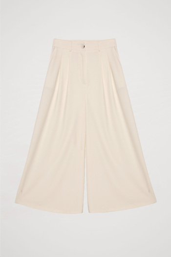 Quzu Ecru Wide Leg Trousers - Pleat Detail