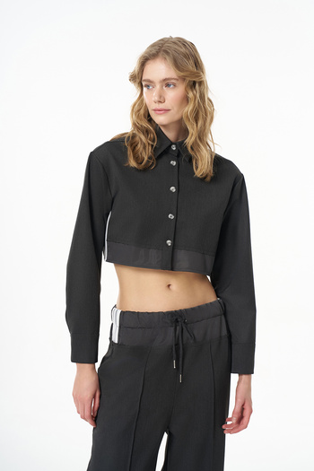 Quzu Dark Grey Striped Crop Shirt - Garnished Sides