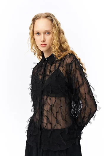 Quzu Black Chiffon Shirt - Feather Detail