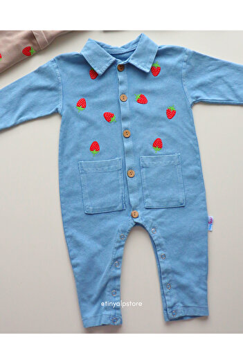 TinyAlp Soft Denim Fabric Strawberry Patterned Baby Jumpsuit