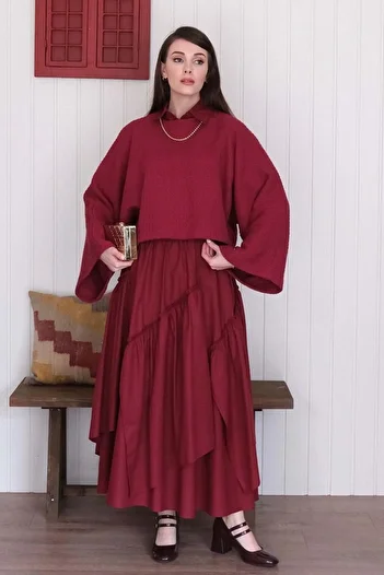 Ceylan Otantik Burgundy Layered Bohemian Skirt
