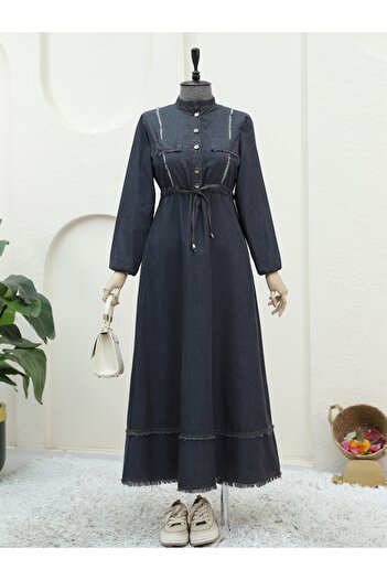 Modamorfo Half Button Tassel Detail Tunnel Lace up Denim Dress -Black