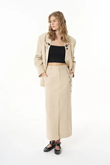Quzu Beige Midi Length Slim Striped Slit Skirt