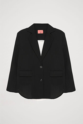 Quzu Buttoned Blazer Jacket with Back Window Detail Black