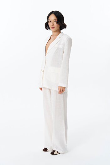 Quzu Ecru Blazer Jacket - Με λεπτές ρίγες και αξεσουάρ με κουμπιά στο μανίκι