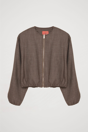 Quzu Brown Bomber Jacket - Gray Detailed and Zippered