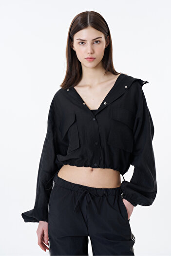 Quzu Black Hooded and Large Pocket Jacket