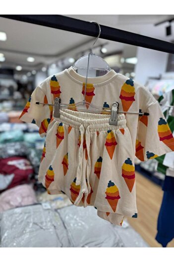 Magu Ice Cream Patterned Oversize Children's Shorts Cotton T-Shirt Set