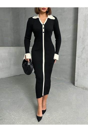 Lusin Rochie de tricotaje midi, neagră, cu gât polo, cu mâneci elegante