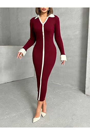 Lusin Kadın Bordo Polo Yaka Şık Kol Detaylı Midi Triko Elbise