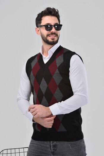 HEDEFNUR TEKSTİL Black Men's and Middle-Aged Diamond Patterned Winter Thick Knitwear V-Neck Sweater