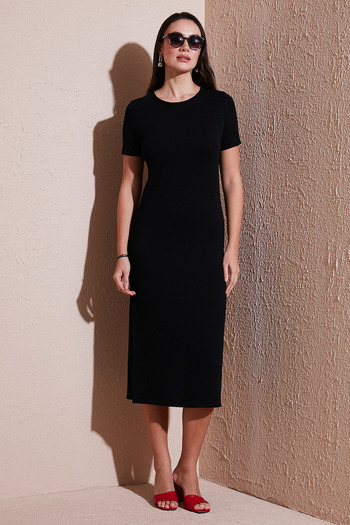 Lela Regular Fit Crew Neck Slit Detail Midi Dress Dress 5866165