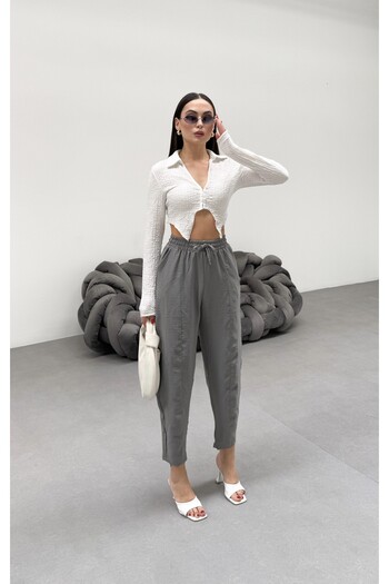 veres Women's Gray Ayrobin Fabric High Waist Loose Fitting Summer Baggy Pants