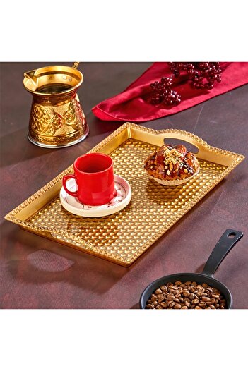 moda armanc Gold Bal Peteği Desenli Kulplu Sunum Tepsisi