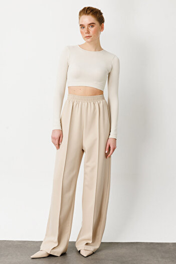 Hooopstore Stone Colored Ribbed Crepe Trousers