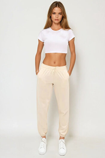 VAGGON Women's Light Beige Basic Sweatpants with Elastic Waist and Legs Vgn-X5902