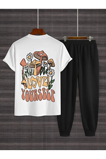 uyguntarz Bedrucktes zweiteiliges Unisex-Trainingsanzugset „Love Yourself“.