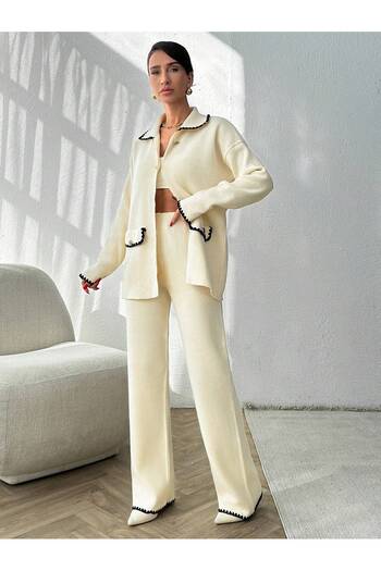 STF MODA Γυναικείο μπουφάν με κουμπιά-παντελόνι Shepherd's Stitch Πλεκτό Κοστούμι εκρού